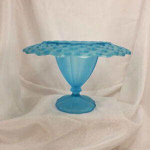 VTG Tiffin Compote Bowl Open Works #310 Blue Satin Frosted Glass  MCM Art Deco